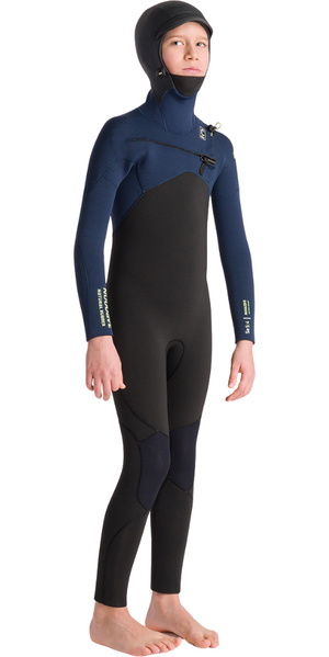 2025 C-Skins Junior Nuwave Session 5/4mm Hooded Chest Zip Wetsuit C-NSE54JH - Black / Bluestone X / Cool Green